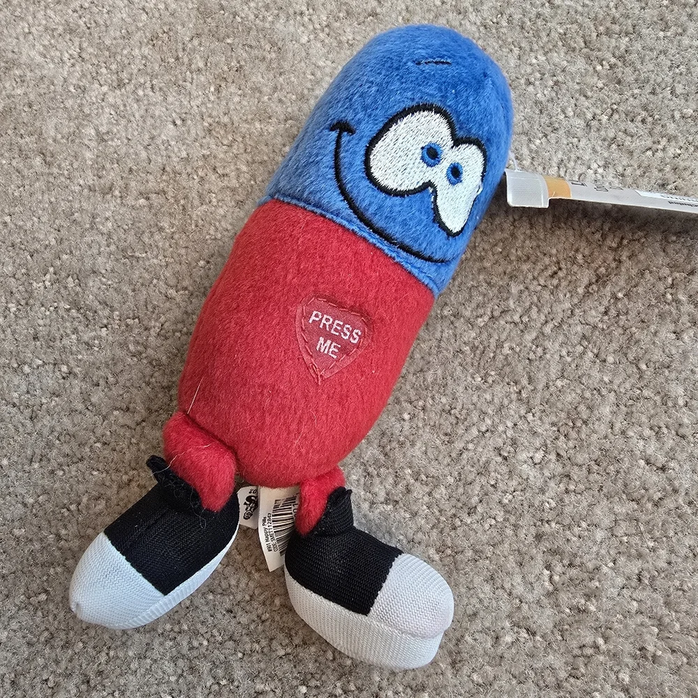 Just for Laughs Contageous Giggling Red Blue Happy Pill Plush 6.5
